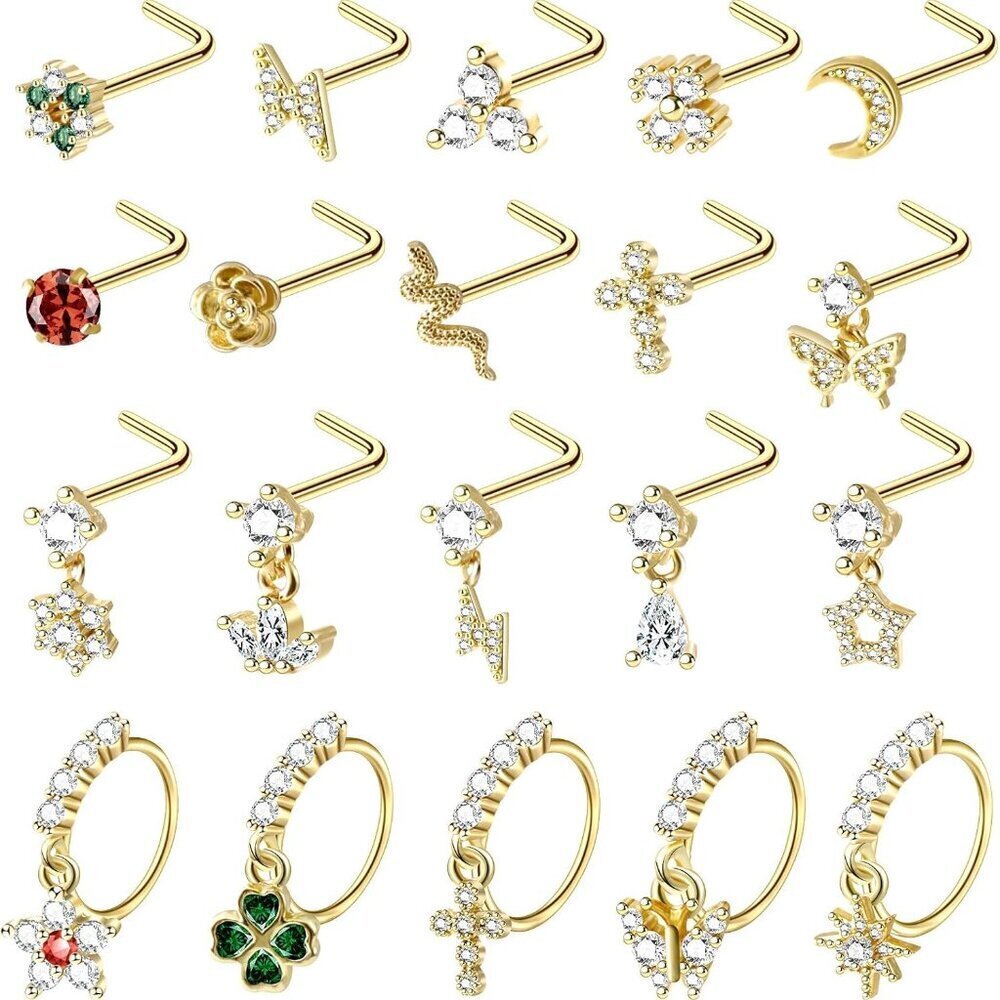 20Pcs Gold Dangle Nose Rings L Shaped Nose Studs Hypoallergenic Stainless Steel